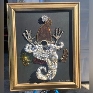 Christmas Gnome Made W/ Jewelry/Rhinestones/Louis Vuitton On Canvas 17x14 Frame